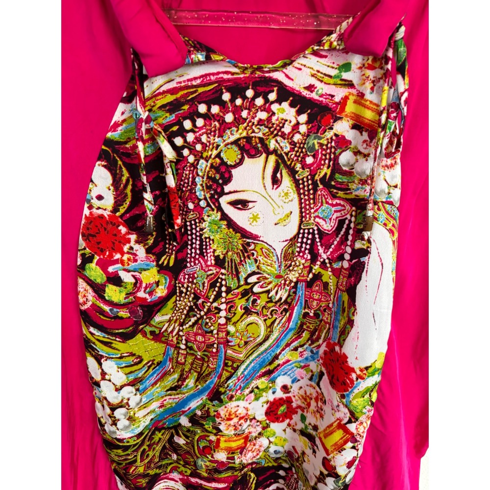 Vintage Hermes Pink 100% Silk Graphic Print Geisha Scarf Front Blouse Top Large - Picture 3 of 7